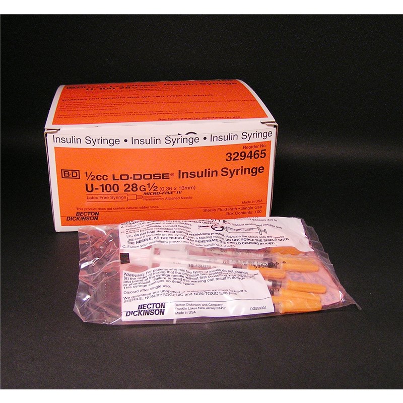 U-100 Insulin Syringes 0.5cc  with 28g x 1/2&quot;  BD 100ct