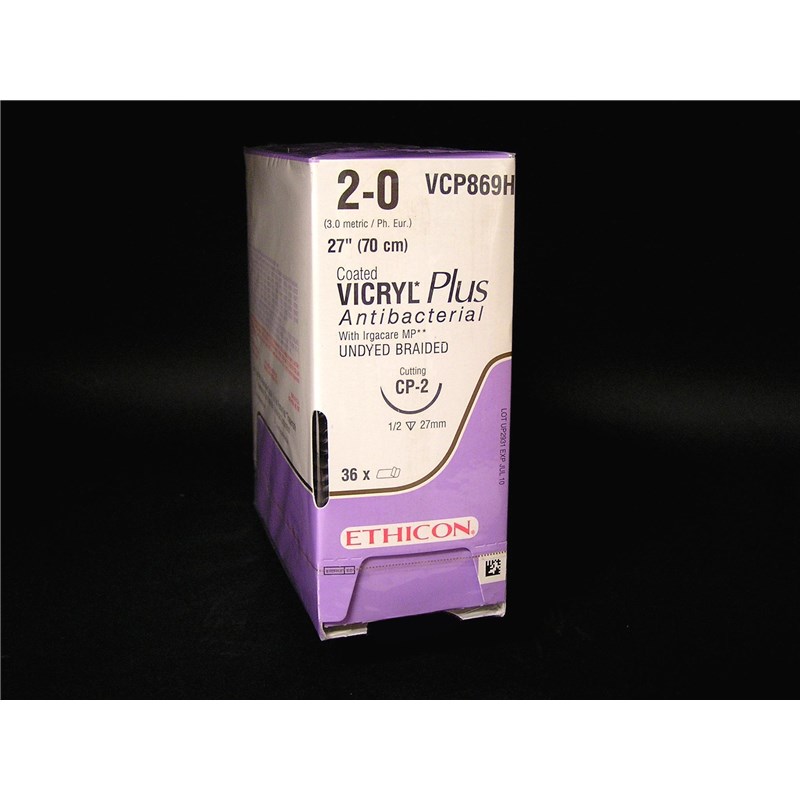 Suture 2/0 Vicryl Plus 27&quot; (CP-2) 26mm 1/2&quot; Circle Reverse Cutting 36ct