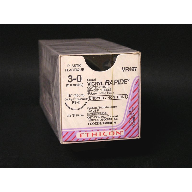 Suture 3/0 Vicryl Rapide 18&quot; (PS-2) 19mm 3/8&quot; Circle Reverse Cutting 12ct