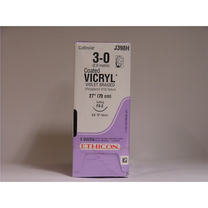 Suture 3/0 Vicryl 27&quot; (FS-2) 19mm 3/8&quot; Circle Reverse Cutting 36ct