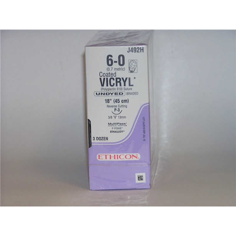 Suture 6/0 Vicryl 18&quot; (P-3) 13mm 3/8&quot; Circle Reverse Cutting  36ct