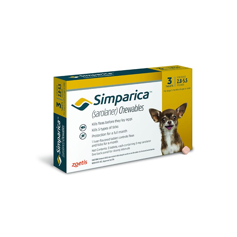 Simparica Tablets 5 mg Canine 2.8 - 5.5 lbs Yellow 10 x 3 ct