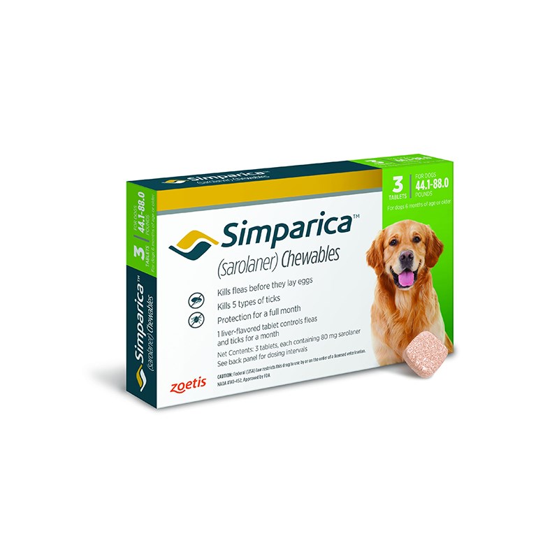 Simparica Tablets 80 mg Canine 44.1 - 88 lbs Green 10 x 3 ct