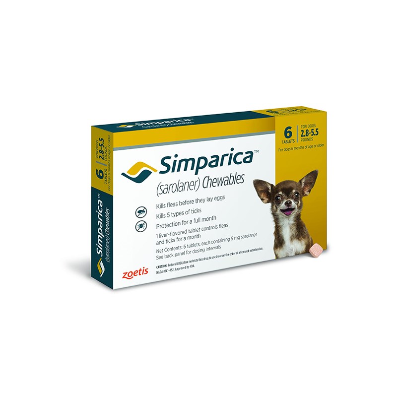 Simparica Tablets 5 mg Canine 2.8 - 5.5 lbs Yellow 10 x 6 ct