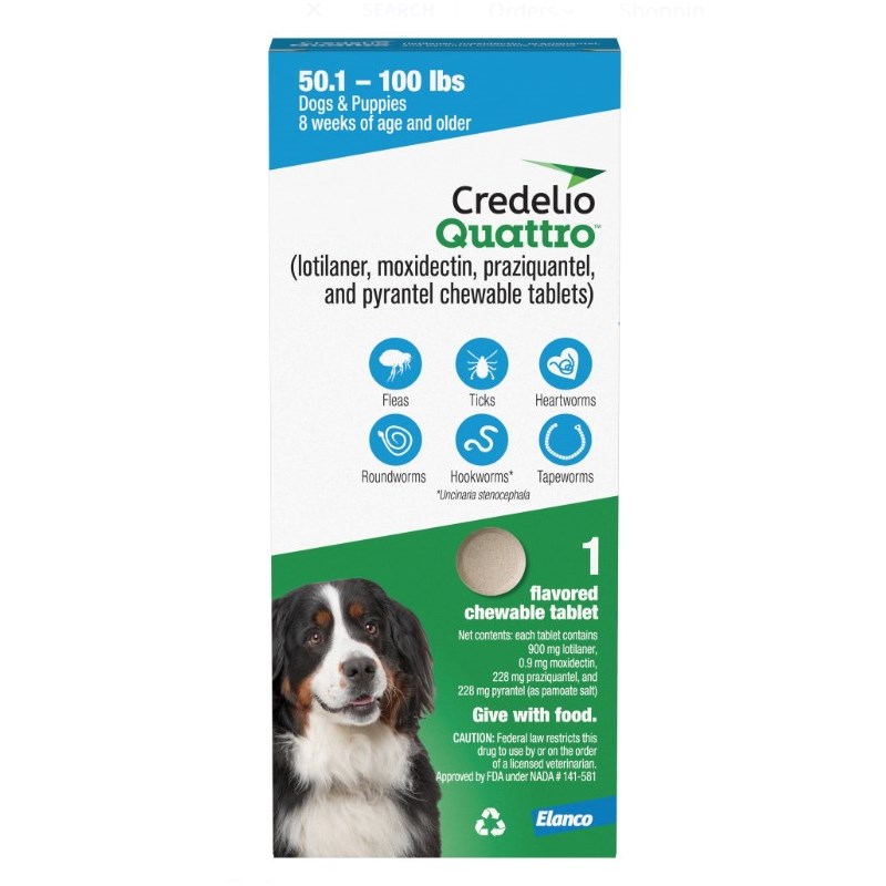 Credelio Quattro Chewable Tablets for Dogs 900mg 50.1-100lbs. (Blue) 1 Dose x 16 Count