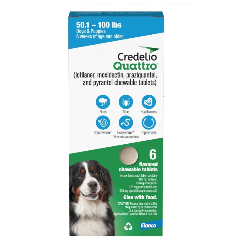 Credelio Quattro Chewable Tablets for Dogs 900mg 50.1-100lbs. (Blue) 6 Dose x 10 Count