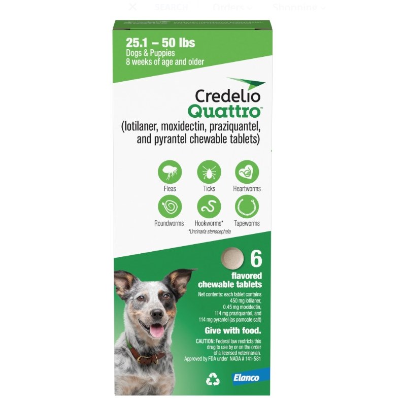 Credelio Quattro Chewable Tablets for Dogs 450mg 25.1-50lbs. (Green) 6 Dose x 10 Count