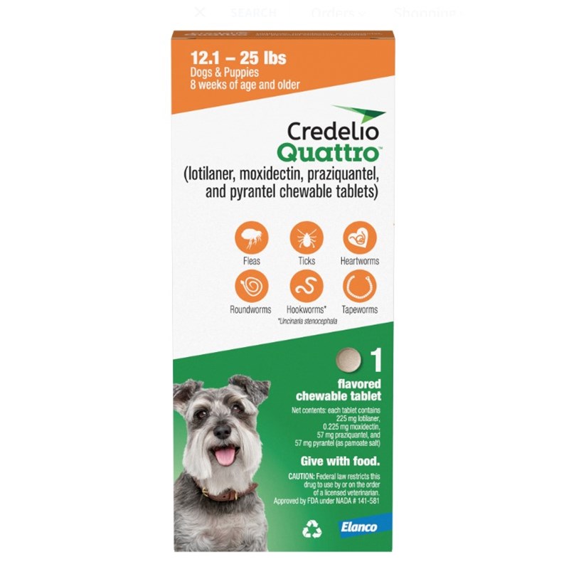 Credelio Quattro Chewable Tablets for Dogs 225mg 12.1-25 lbs. (Orange) 1 Dose x 16 Count