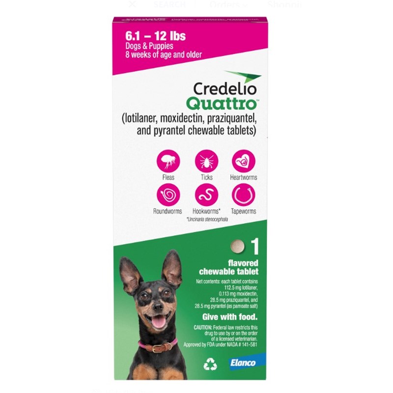 Credelio Quattro Chewable Tablets for Dogs 112.5mg 6.1-12 lbs. (Pink) 1 Dose x 16 Count