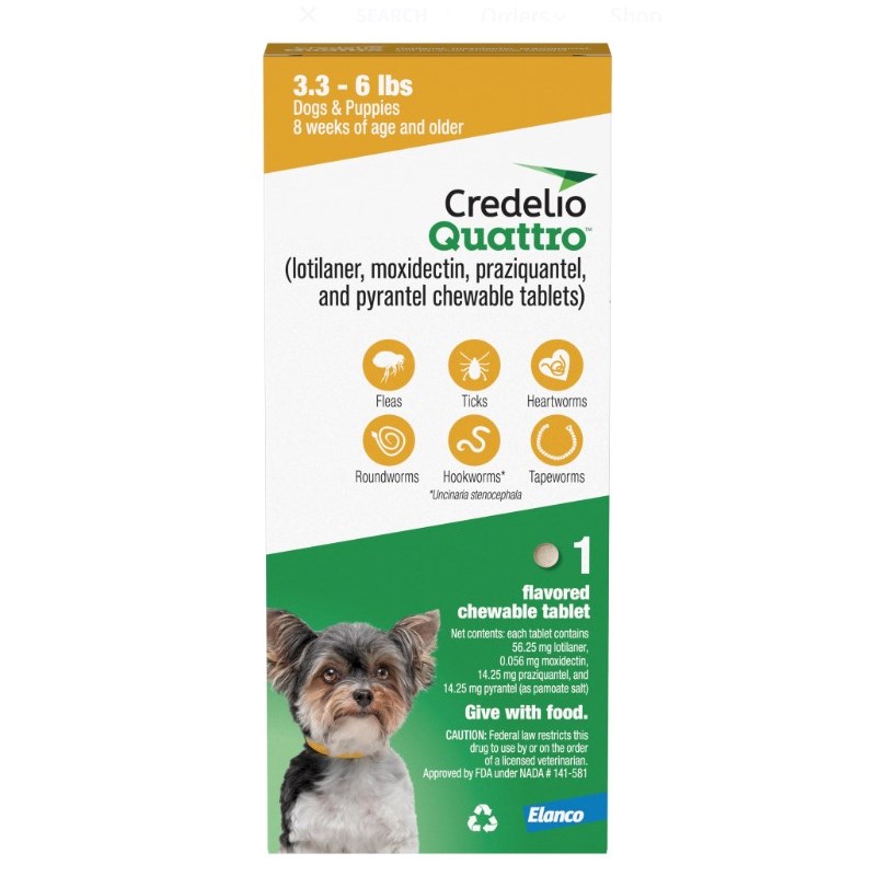 Credelio Quattro Chewable Tablets for Dogs 56.2mg 3.3-6lbs. (Yellow) 1 Dose x 16 Count