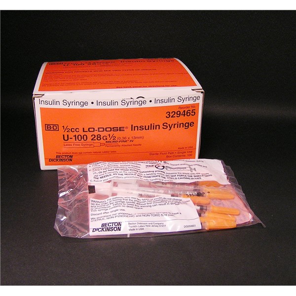 U-100 Insulin Syringes 0.5cc  with 28g x 1/2&quot;  BD 100ct