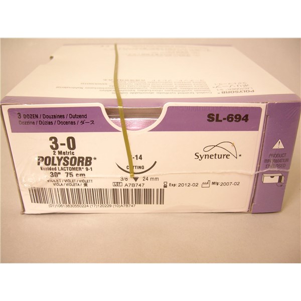 Suture 3/0 Polysorb 30&quot; (C-14) 24mm 3/8&quot; Circle Reverse Cutting 36ct