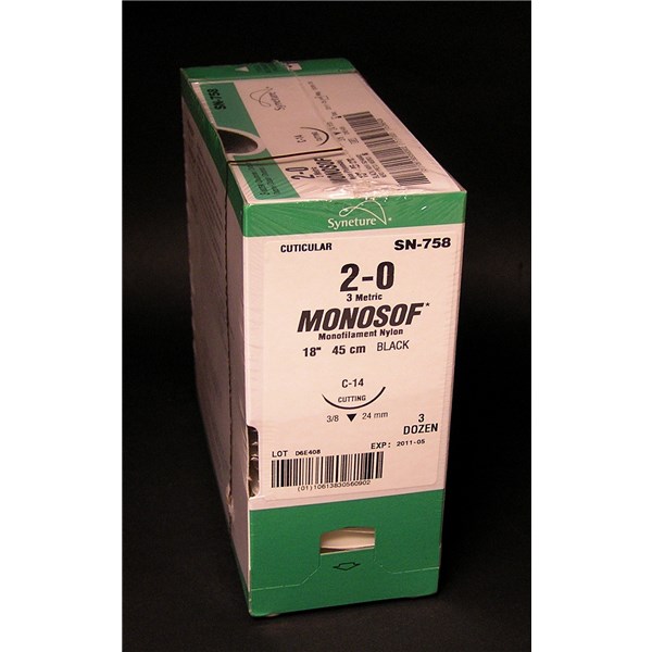 Suture 2/0 Monosof 18&quot; (C-14) 24mm 3/8&quot; Circle Reverse Cutting 36ct