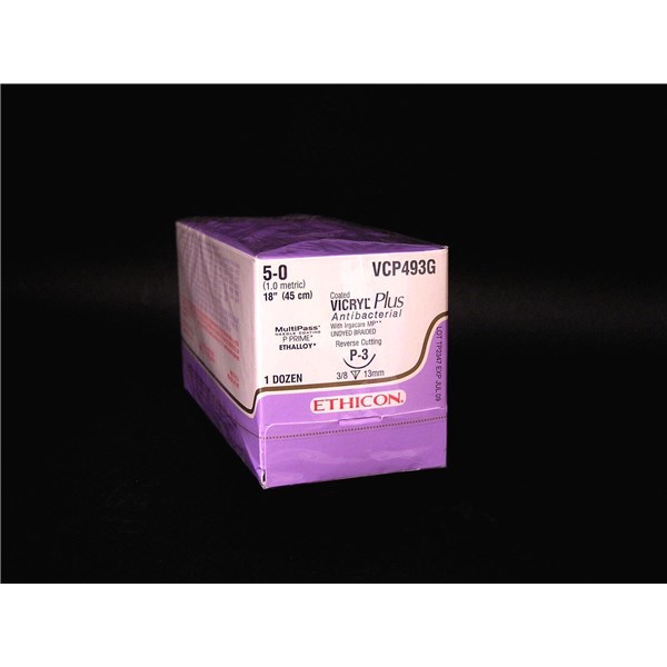 Suture 5/0 Vicryl Plus 18&quot; (P-3) 13mm 3/8&quot; Circle Reverse Cutting 12ct