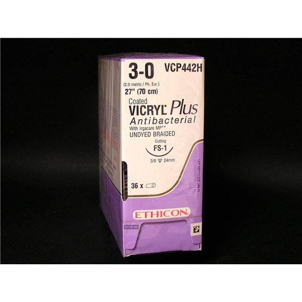 Suture 3/0 Vicryl Plus 27&quot; (FS-1) 24mm 3/8&quot; Reverse Cutting Point 36ct