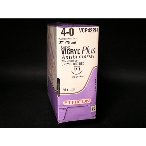 Suture 4/0 Vicryl Plus 27&quot; (FS-2) 19mm 3/8&quot; Circle Reverse Cutting 36ct