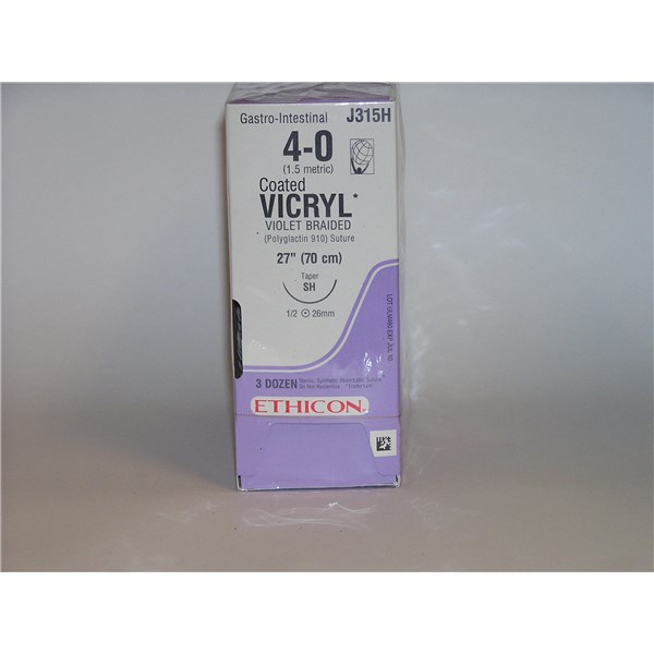 Suture 4/0 Vicryl 27&quot; Violet (SH) 26mm 1/2&quot; Circle Taper Point 36ct