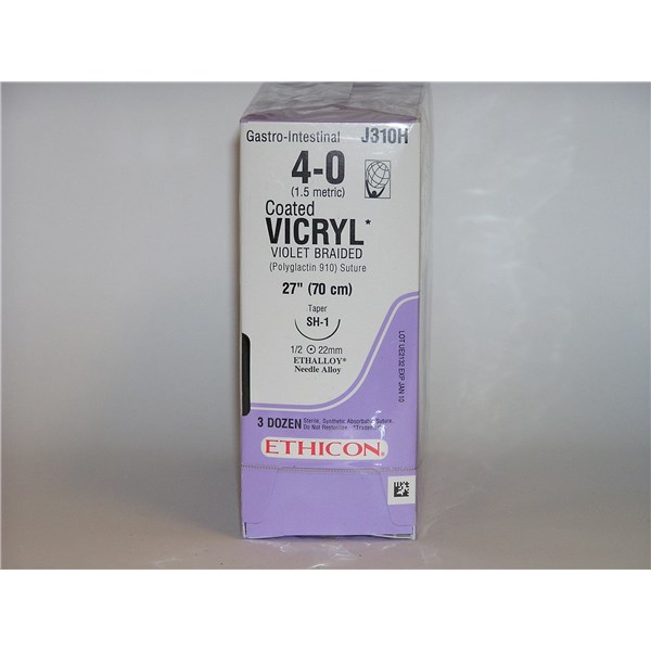 Suture 4/0 Vicryl 27&quot; Violet (SH-1) 22mm 1/2&quot; Circle Taper Point 36ct