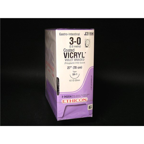 Suture 3/0 Vicryl 27&quot; Violet (SH-1) 22mm 1/2&quot; Circle Taper Point 36ct