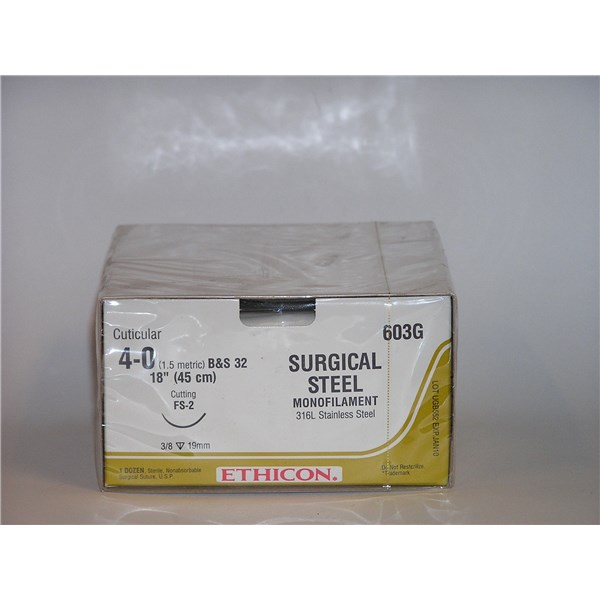 Suture 4/0 Wire (Steelex)18&quot; Silver (FS-2) 19mm 3/8&quot; Circle Reverse Cutting 12ct