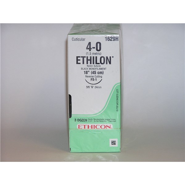 Suture 4/0 Ethilon 18&quot; Black (FS-1) 24mm 3/8&quot; Circle Reverse Cutting 36ct