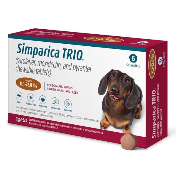 Simparica Trio Chew Canine 11.1 - 22 lbs Caramel 10 x 6 ct