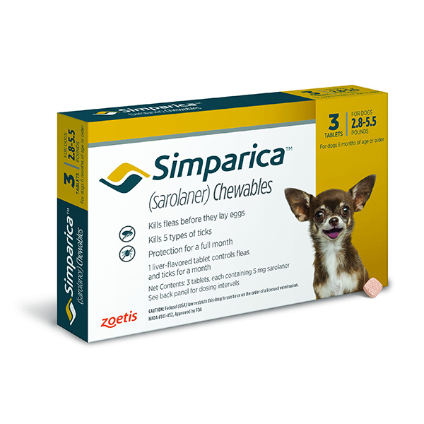 Simparica Tablets 5 mg Canine 2.8 - 5.5 lbs Yellow 10 x 3 ct