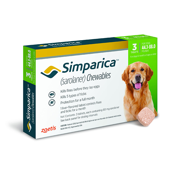 Simparica Tablets 80 mg Canine 44.1 - 88 lbs Green 10 x 3 ct