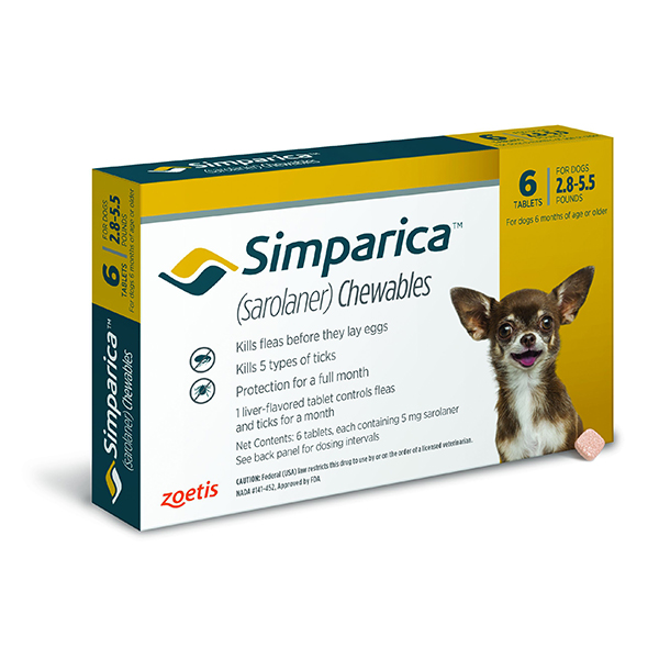 Simparica Tablets 5 mg Canine 2.8 - 5.5 lbs Yellow 10 x 6 ct