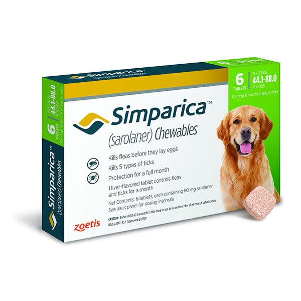 Simparica Tablets 80 mg Canine 44.1 - 88 lbs Green 10 x 6 ct