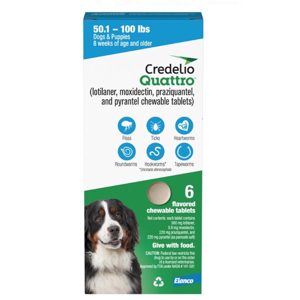 Credelio Quattro Chewable Tablets for Dogs 900mg 50.1-100lbs. (Blue) 6 Dose x 10 Count