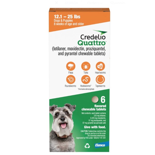 Credelio Quattro Chewable Tablets for Dogs 225mg 12.1-25 lbs. (Orange) 6 Dose x 10 Count