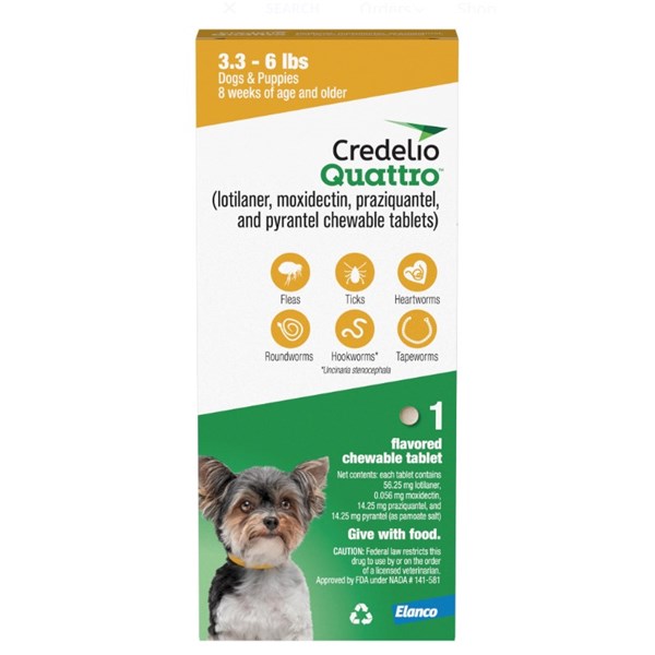 Credelio Quattro Chewable Tablets for Dogs 56.2mg 3.3-6lbs. (Yellow) 1 Dose x 16 Count